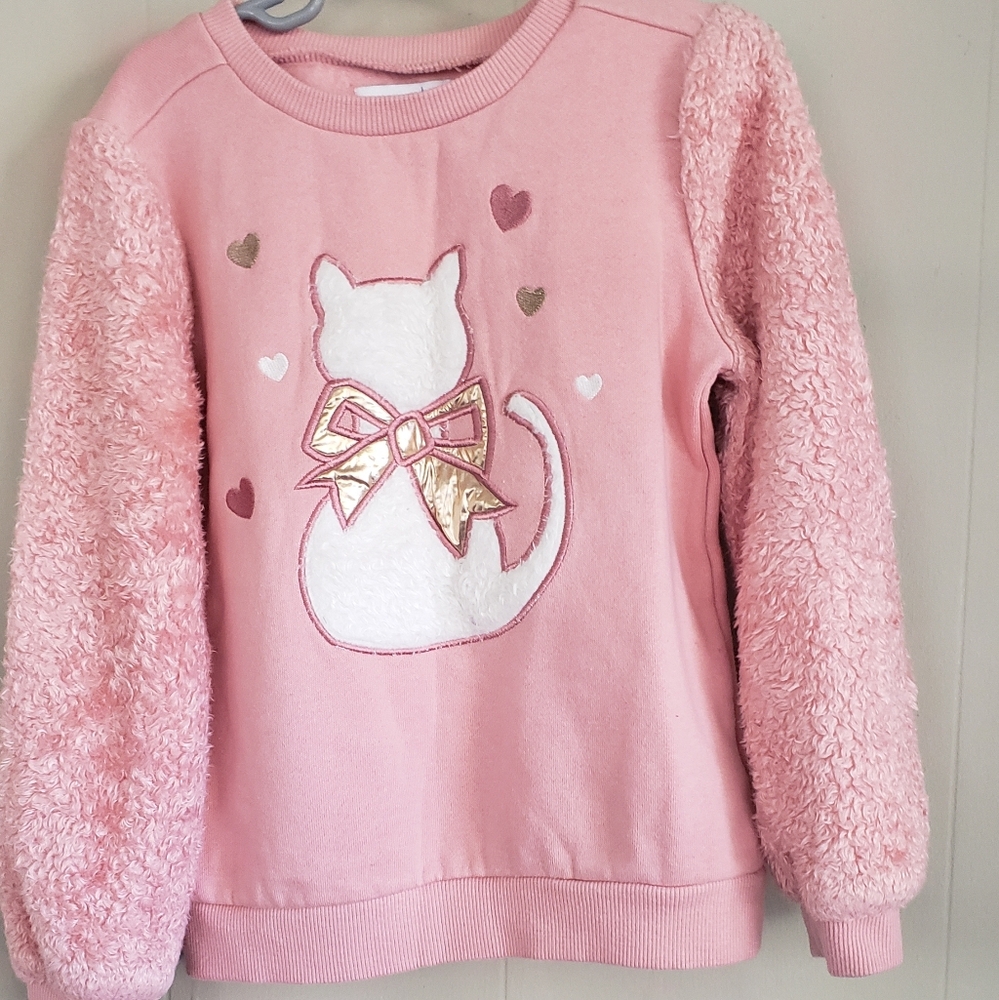 Pink Cat Sweater with Fuzzy Sleeves